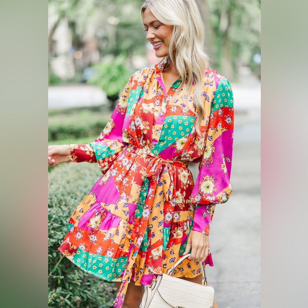 D064. Floral Patchwork Satin Dress - Picture 1 of 1